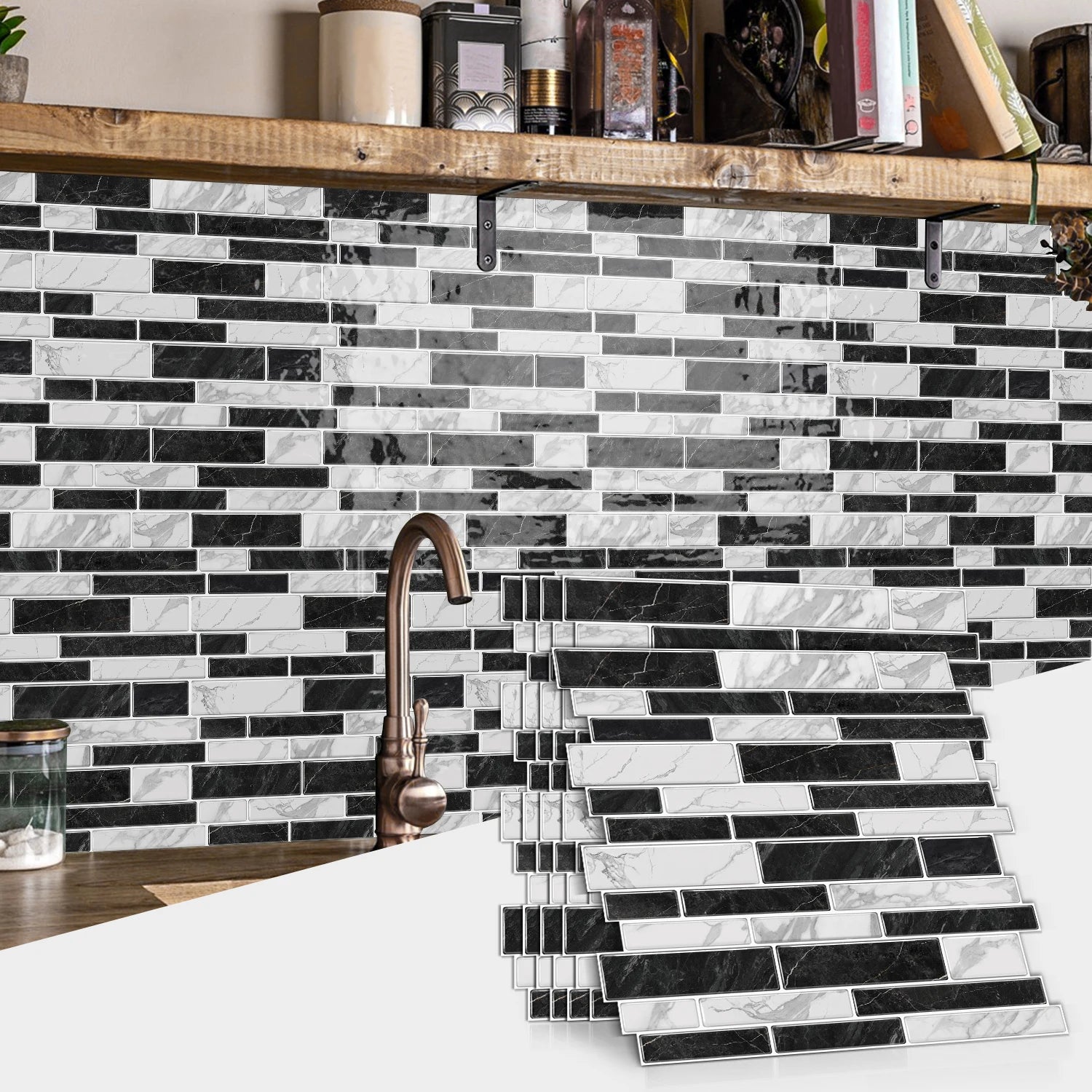 1/12 pièces classique noir et blanc carrelage marbre chambre décoration cuisine salon étanche auto-adhésif autocollant mural détachable