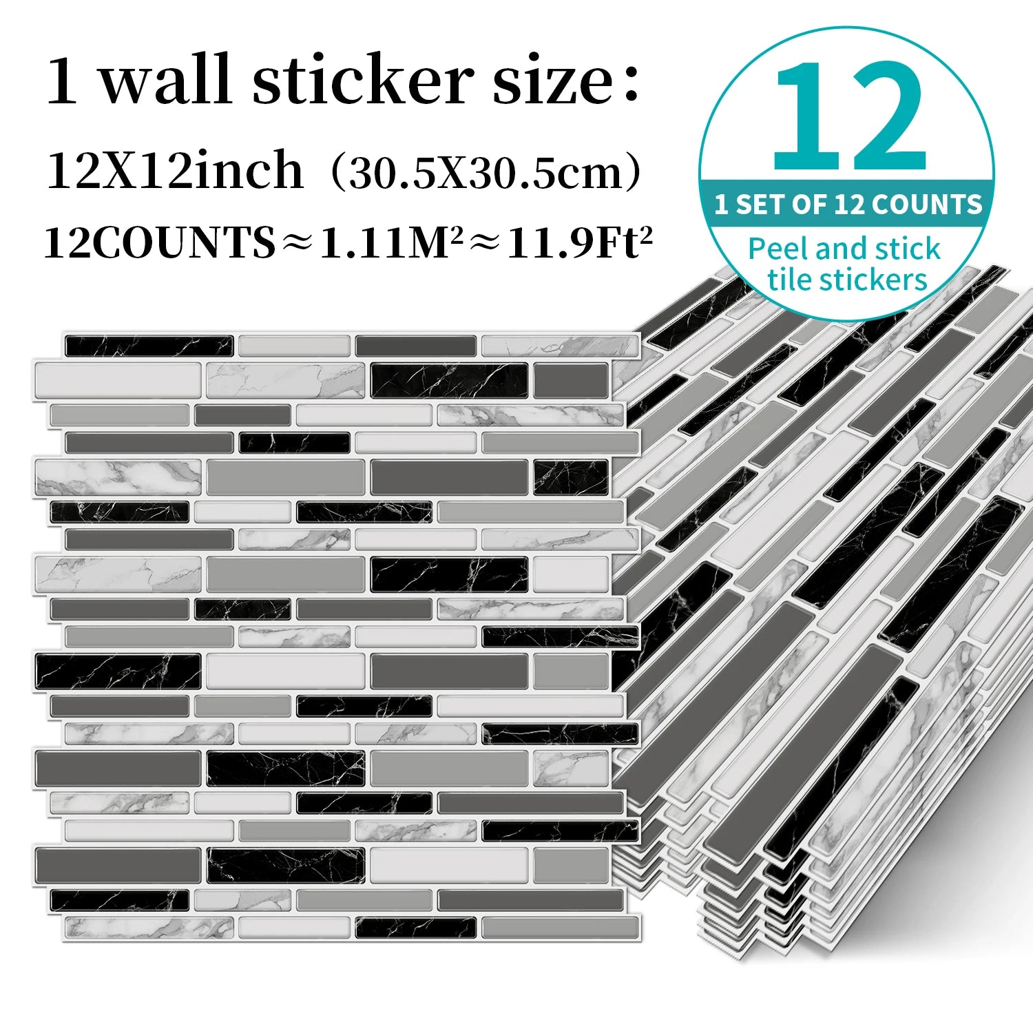 1/12 pièces classique noir et blanc carrelage marbre chambre décoration cuisine salon étanche auto-adhésif autocollant mural détachable